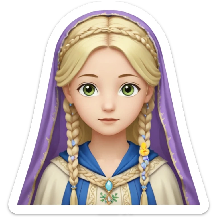 Joven de unos 30 años, de aspecto dulce y elegante.
Piel clara, ojos (pueden ser azules o verdes)
Rubio o castaño claro, largo, con trenzas o velo.
Vestido largo de tonos suaves (blanco, azul o lavanda), con bordados dorados; un manto o toca fina cubriendo la cabeza. Haz todo el cuerpo. sticker