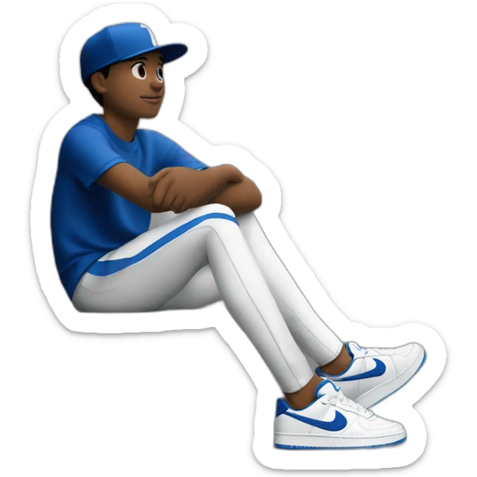 boy, sentado en un banco, con gorra blanco y negro, zapato Nike color negro con azul, deportivo color de piel blanco sticker