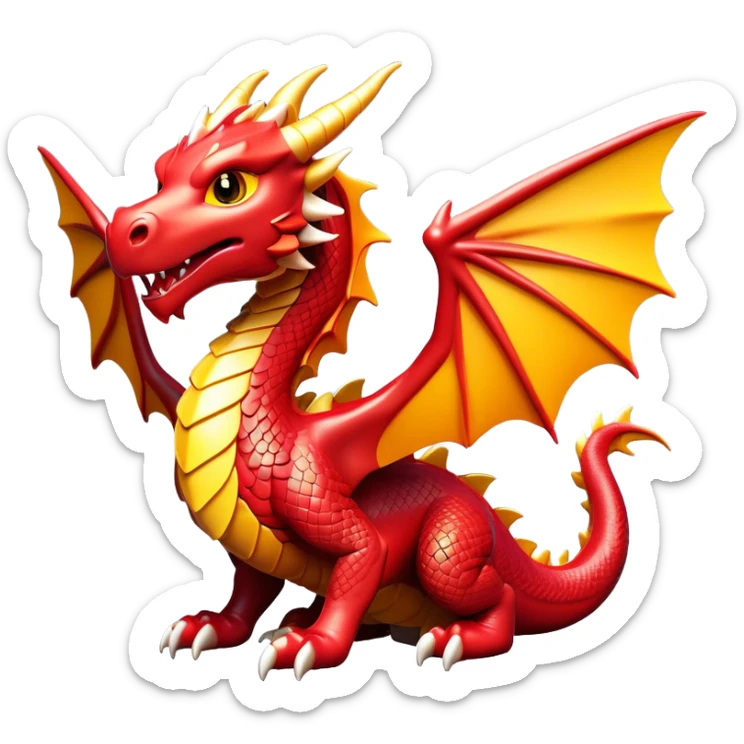 Clash of Clans aesthetic: Cinematic fierce Dragon Emoji, rendered in a 3D vector-style similar to standard emojis with minimal shading and bold, simplified shapes. A compact, isometric dragon with majestic wings and intricately scaled details, softly glowing with a legendary, mythical charm. Simplified yet unmistakably iconic, highly detailed and consistent, glowing with a soft radiant brilliance and high shine. Stylized with a touch of fantastical might and a soft glowing outline, capturing the essence of a mighty dragon with a friendly, playful demeanor! sticker