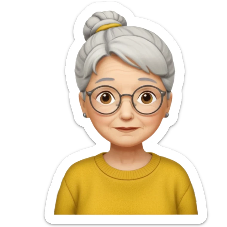 Abuela con arrugas, cabello canoso blanco en moño, expresión tierna, gafas redondas, suéter amarillo y detalles relacionados con plantas. Estilo amable y acogedor. sticker