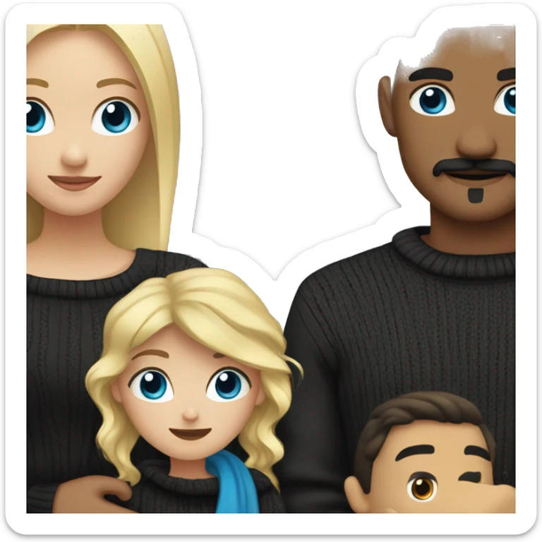 Blonde girl with blue eyes in black sweater and man with hispanic man with a mustache and dark eyes hugging sticker