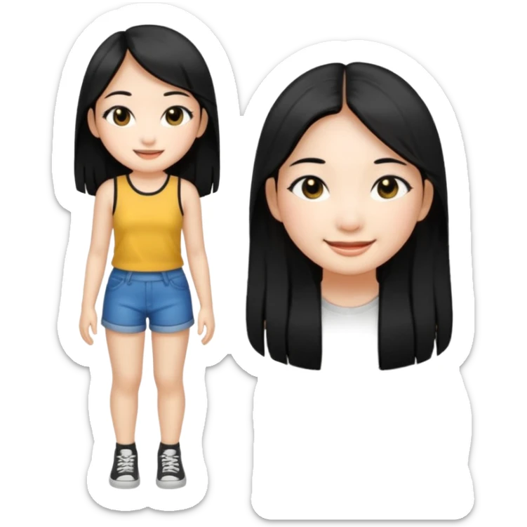 A Asian girl with fare skin and hoop earrings, long straight black hair with black eyes, smiling, full body sticker