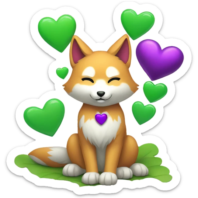 A Kitsune Holding a 3 Hearts, a Purple Heart, a Green Heart and a White Coloured Heart sticker