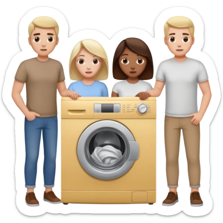 Eine Frau mit dem in der Waschmaschine feststeckt und zwei Männer die hinten an ihr ziehen um ihr zu helfen  sticker