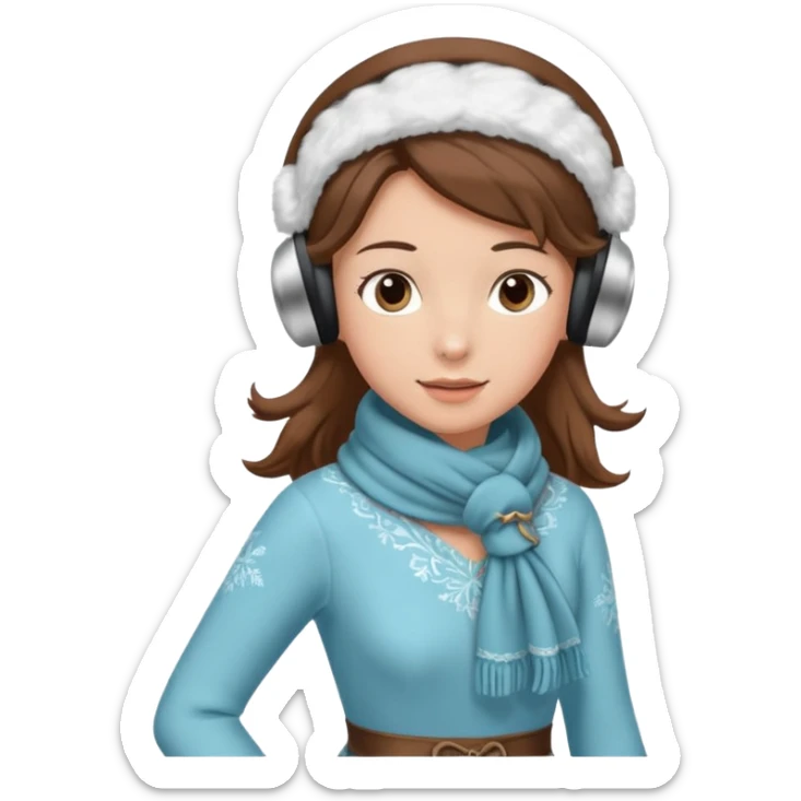 Victorian ice skater in a long dress. She is wearimg a scarf and earmuffs. She has brown hair. sticker