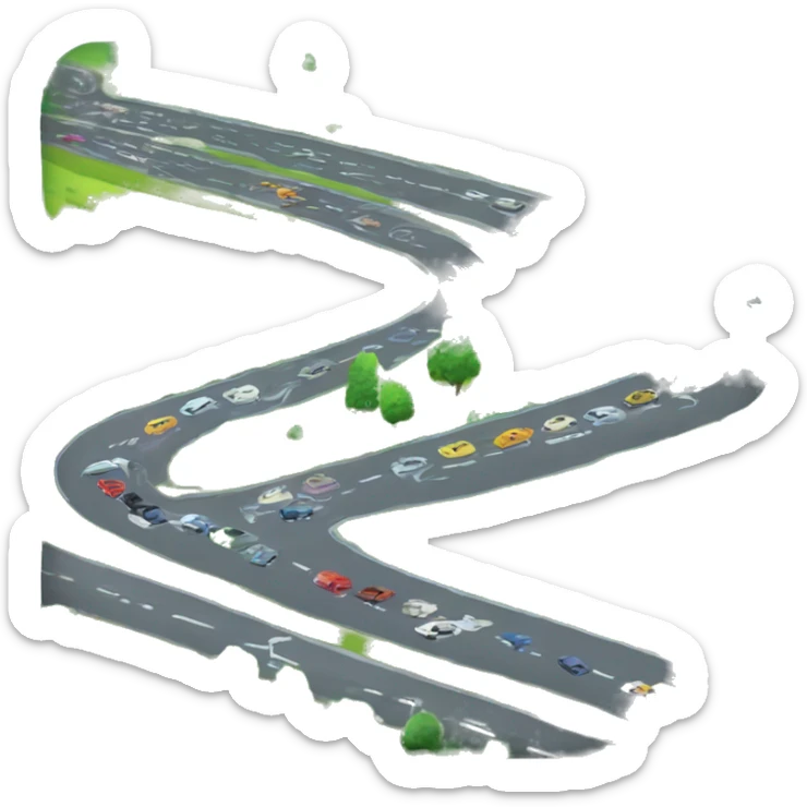 🚗🛣️ Fast cars on a highway, green fields 🌳, mountains ⛰️ in the distance, and a sunny sky ☀️ sticker