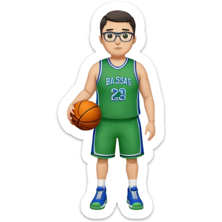 Full Body plus size tall white male with dark short hair basketball player wearing glasses wearing blue  with green uniform sticker