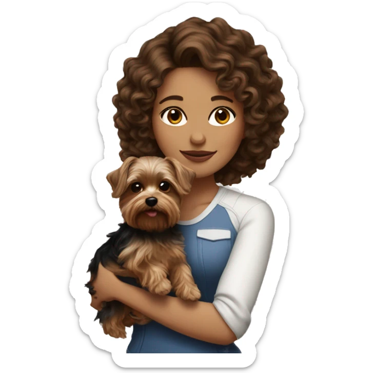 white women with curly medium length brunette hair, holding a cute yorkie dog sticker