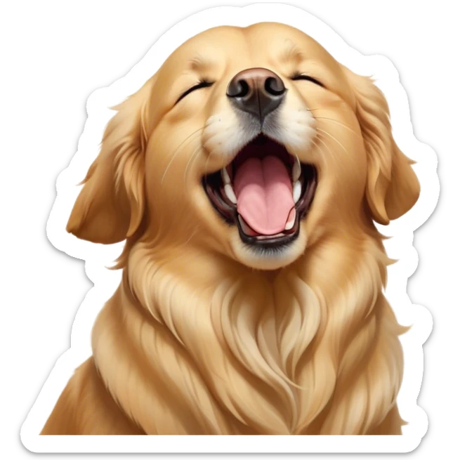 Cinematic Cute Yawning Golden Retriever Portrait Emoji, Head tilted slightly with a dramatic, wide-open yawn, revealing a silky golden coat with a subtle shimmer, floppy ears slightly drooping, round brown eyes barely open in drowsy contentment, Simplified yet irresistibly adorable features, highly detailed, glowing with a soft, cozy glow, high shine, relaxed yet expressive, stylized with a touch of whimsy, bright and endearing, soft glowing outline, capturing the essence of a sleepy yet affectionate companion, so drowsy it feels like it could stretch out of the screen and curl up for a nap! sticker
