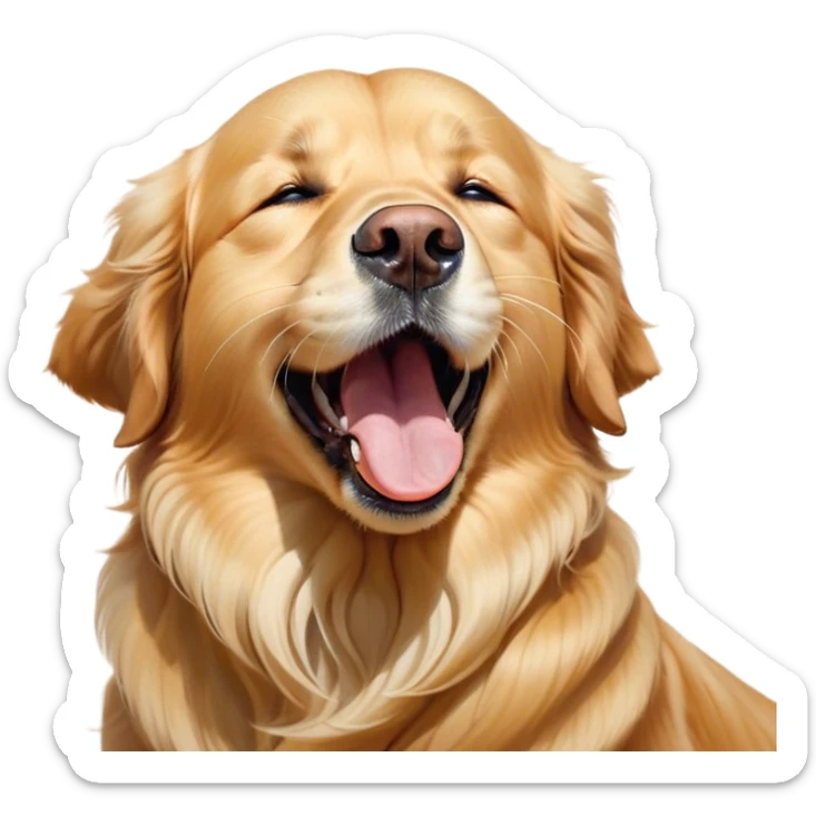 Cinematic Cute Yawning Golden Retriever Portrait Emoji, Head tilted slightly with a dramatic, wide-open yawn, revealing a silky golden coat with a subtle shimmer, floppy ears slightly drooping, round brown eyes barely open in drowsy contentment, Simplified yet irresistibly adorable features, highly detailed, glowing with a soft, cozy glow, high shine, relaxed yet expressive, stylized with a touch of whimsy, bright and endearing, soft glowing outline, capturing the essence of a sleepy yet affectionate companion, so drowsy it feels like it could stretch out of the screen and curl up for a nap! sticker