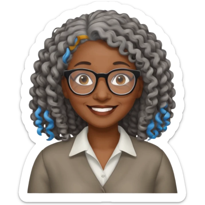 smiling dark older black woman wearing glasses with lots of long curly gray hair a sticker