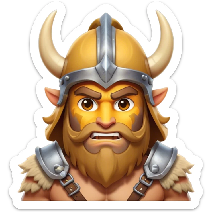 Clash of Clans aesthetic: Cinematic Fierce Barbarian Portrait Emoji, Poised and bold with a rugged yet cartoonish build in tattered furs and a horned helmet, his exposed skin a rich tan, expressive bright eyes and a confident smirk, Simplified yet dynamic features, highly detailed, glowing with a vivid, adventurous aura, high shine, heroic and spirited, stylized with an air of medieval warrior charm, focused and energetic, soft glowing outline, capturing the essence of a fearless barbarian adventurer ready to lead his clan with spirited valor! sticker