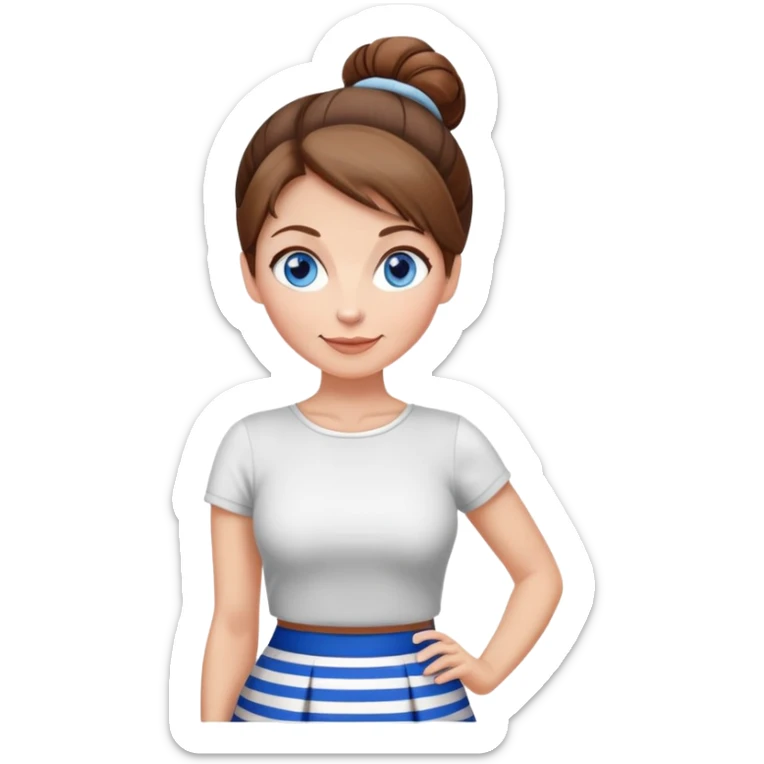 Pretty 50-year-old woman with uiblue and white striped miniskirt brown hair in bun blue eyes sticker