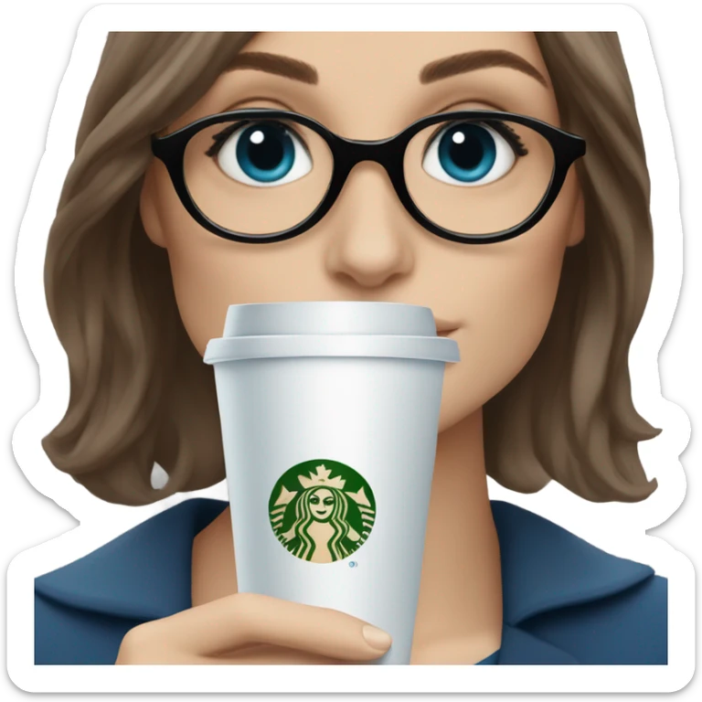 Photo of elegant Keira Knightly wearing bllrrack glasses and blue eyes holding Starbucks  sticker