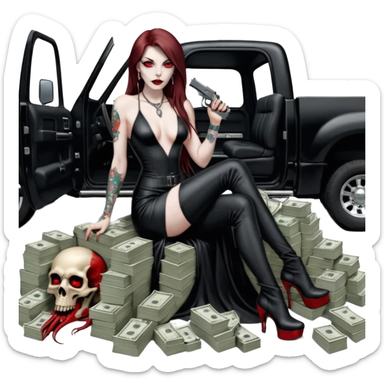 Lilith symbol red eye seductress evil long brown haired sexy succubus woman with leather long dress with slit, sitting in Big Large F350 pickup truck. Black Platform high heels on feet. Tattoo sleeve arms, seat full of stacks of cash, and a man dead human skull of her enemies and a gun in other hand sticker