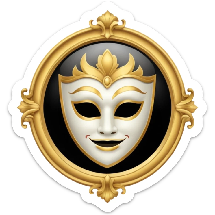 magic mirror on the wall of snow white. This is a round mirror with golden borders with a white theater mask inside  sticker