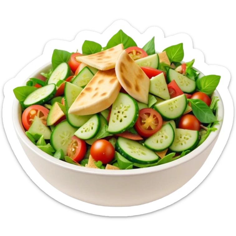 Cinematic Realistic Fattoush Salad Dish Emoji, depicted as a colorful medley of greens, tomatoes, cucumbers, and crispy pita rendered with vibrant textures and refreshing lighting. sticker