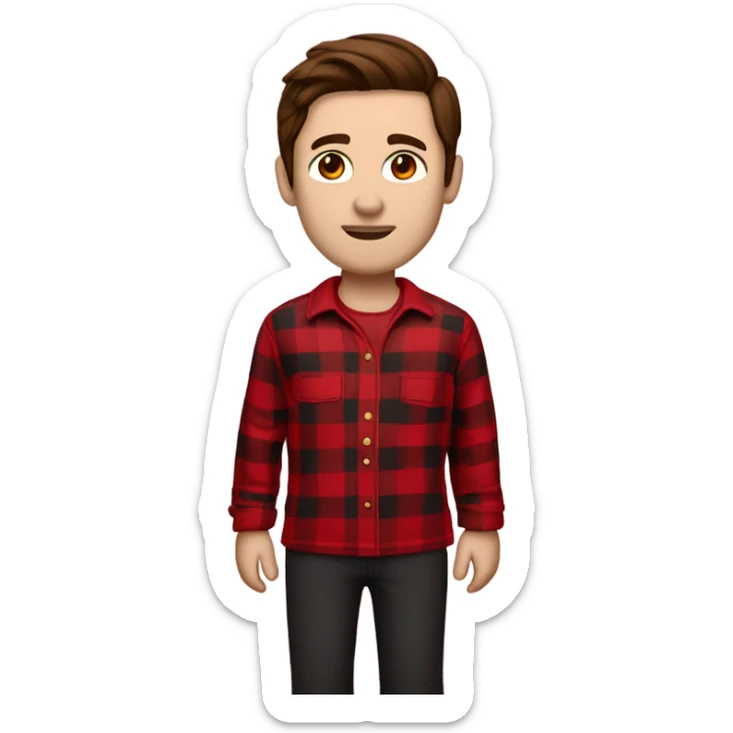 Man with straight brown hair and brown eyes wearing red and black buffalo plaid pjs. White skin. Full body. sticker
