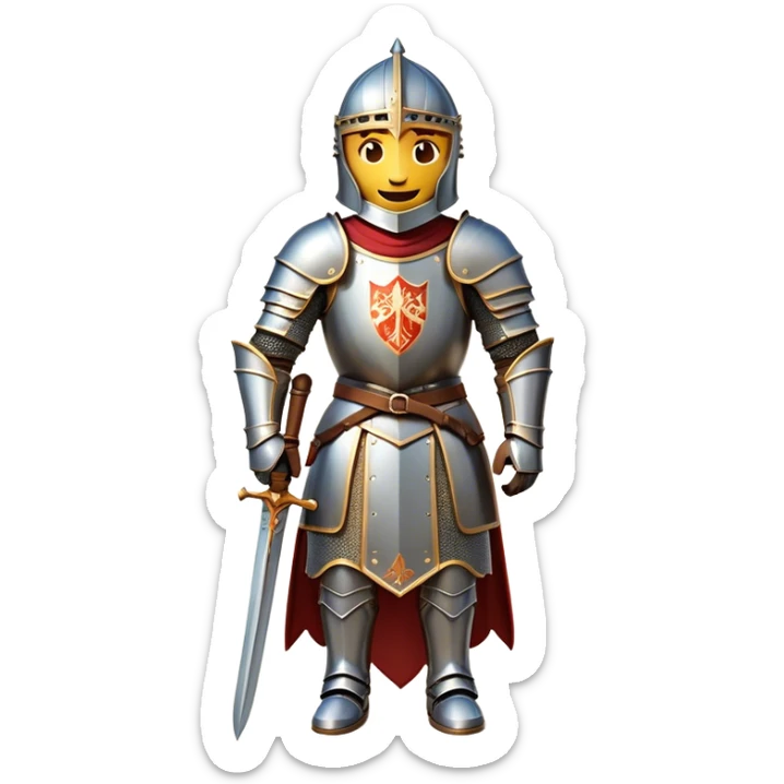 Clash of Clans aesthetic Cheerful Knight Portrait Emoji, With a radiant smile and an upright, confident stance, featuring an elegantly armored figure with intricate detailing and shining accents, his face in a natural skin tone, Simplified yet expressive features, highly detailed, glowing with a soft, luminous aura, high shine, upbeat and noble, stylized with an air of classic medieval heroism, soft glowing outline, capturing the essence of a cheerful knight ready to embark on legendary adventures! sticker