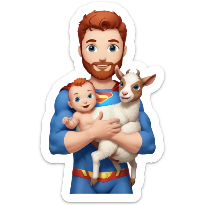 Full body Adult Superman Blue Eyes Scruffy Redish hair and redish trimmed Beard Muscle happy holding a happy baby goat with blue hair sticker