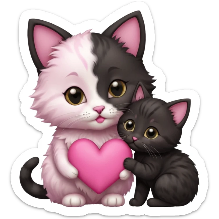 Kitten kissing black mommy kitten on the cheek with a pink heart symbol sticker