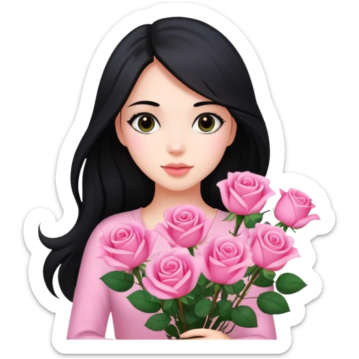 A beautiful girl with long black hair holding a bouquet of pink roses sticker