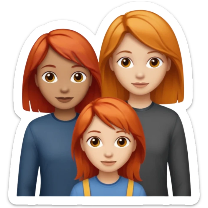 Can you create an image of 3 friends together one with red bright hair light skin one the other with brown hair with some blonde highlights in the hair fair skin the last one with light brown a tint of orange hair sticker