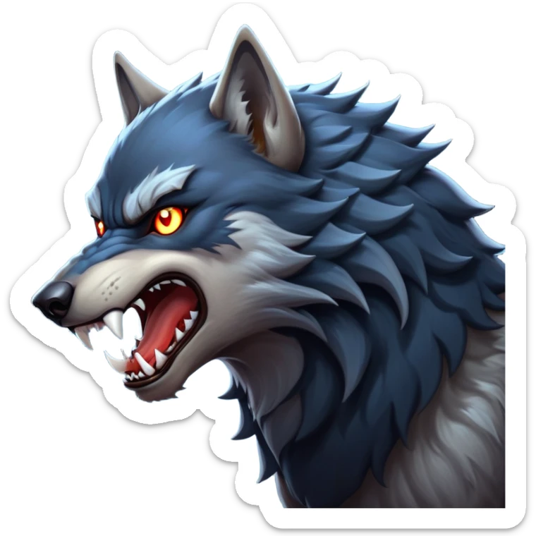 cinematic-noble-fierce-werewolf-howling-portrait-emoji, poised-and-imposing, with a fierce wolfish face tilted upwards in a haunting howl, glowing eyes full of primal ferocity, sharp, elongated fangs bared, and a rugged snout, fur rippling in shades of midnight black and silver, muscles tensed as the powerful howl echoes beneath the moonlit sky; rendered with realism, capturing the raw, untamed power of the beast in its wild, primal state sticker