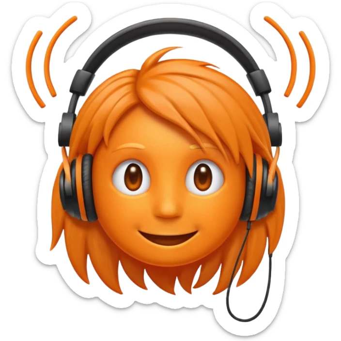 Orange happy face emoji with a couple of hair,headphones,and antennas. sticker