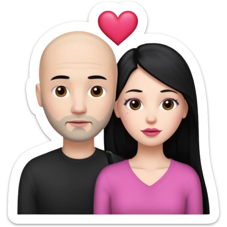 👩🏻‍❤️‍💋‍👨🏻 this one but the man should be bald. white woman with long black hair and white bald young man whoitiut hair and a heart between their heads. she has pink lips and both have brown eyes. he has e full beard but short. both wear black sticker