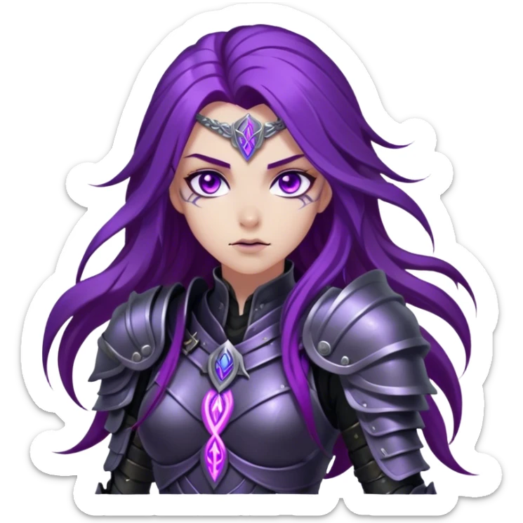 A mysterious warrior girl with long, flowing purple hair catching the dim light. Her glowing violet eyes stare forward, unwavering. She wears sleek black armor, adorned with silver runes that pulse faintly with hidden power. A dark mist swirls at her feet, hinting at the energy she commands. sticker
