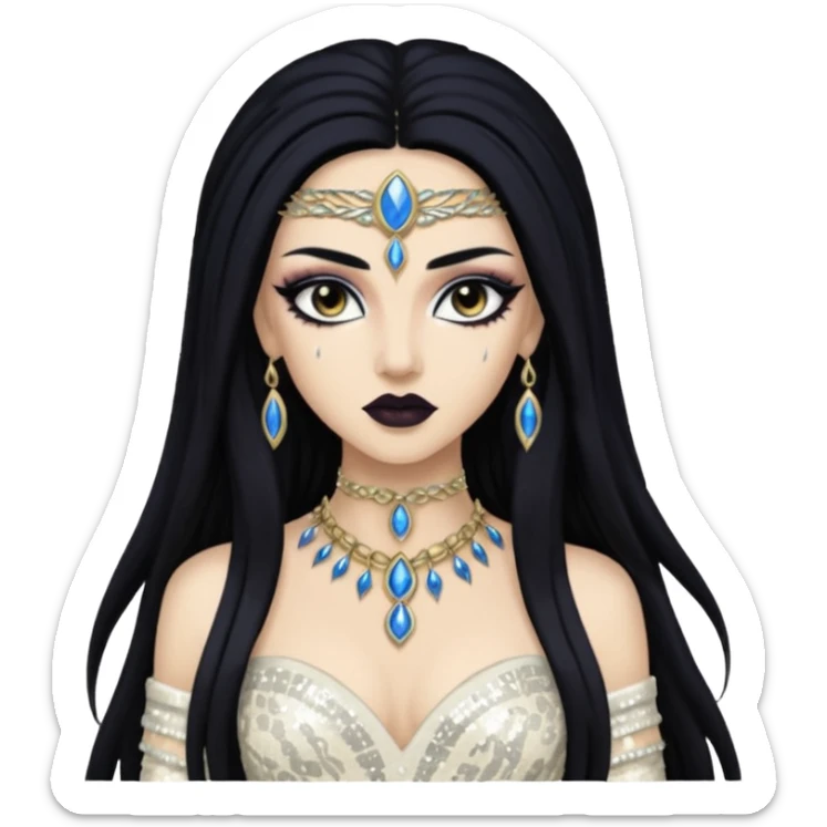 Akasha from Queen of the Damned with long black hair, ivory sequin outfit sticker