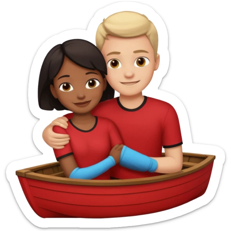 smiling boy in red shirt with black woman hugging in a boat sticker