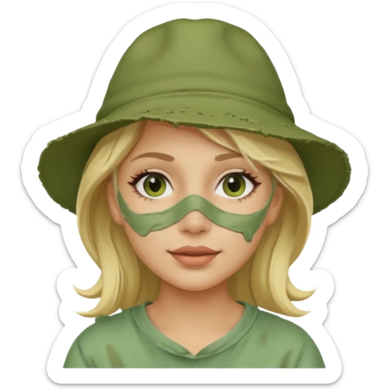 messy green full face clay mask and tourist hat blond woman  sticker