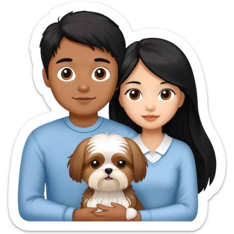 A beautiful Asian girl with long black hair is holding a small yorkshire Terrier. She is standing next to her brown skinned boyfriend, who is holding a white Shih Tzu. They are each holding one dog each sticker
