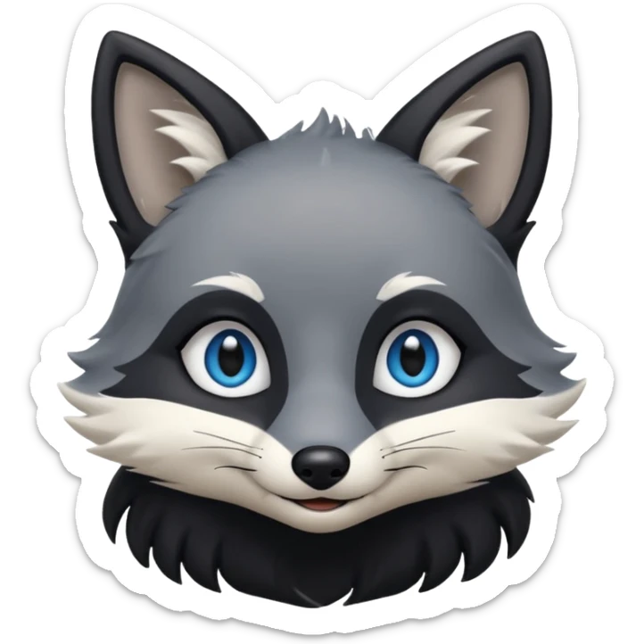 Grey furry fox with a black coat, blue eyes, and a small fringe of black hair, smiling sticker