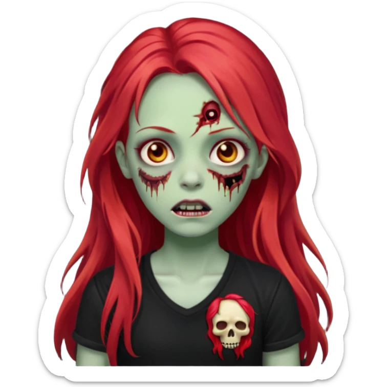 zombie girl with long red hair with black shirt that says lei sticker