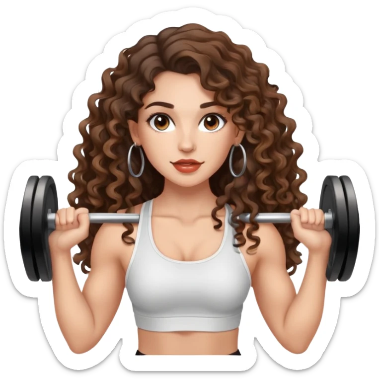 cute girl with not volominous VERY LONG curly/wavy brunette hair with balayage, brown eyes, full lips, natural clean girl makeup and hoop earrings white girl: AT THE GYM LIFTING WEIGHTS sticker