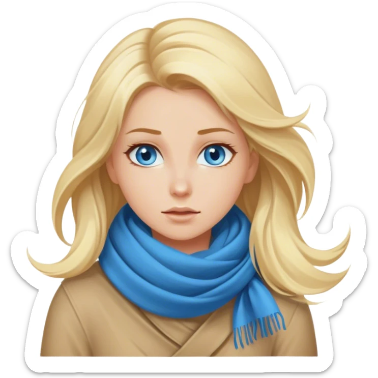 Cinematic realistic blonde with blue eyes, wrapped in a scarf, hair blown away by the wind sticker