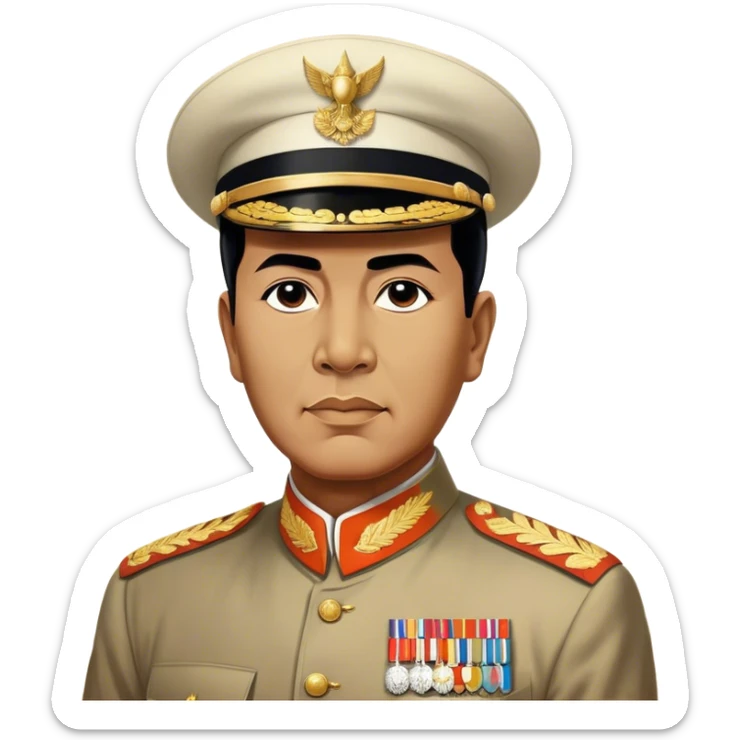 Sukarno (first president) – Cinematic Realistic Portrait of Sukarno, depicted as a charismatic, visionary leader in period attire with a determined gaze, rendered with dynamic historical textures and warm, inspiring lighting that captures his pioneering spirit and national pride. sticker