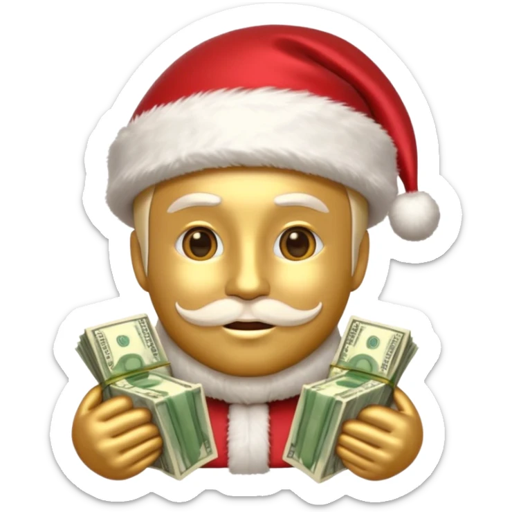 A confident rich emoji face wearing a Santa hat, money stacks, casino vibe, New Year theme, premium 3D emoji style, sharp details, no text, isolated on transparent background sticker