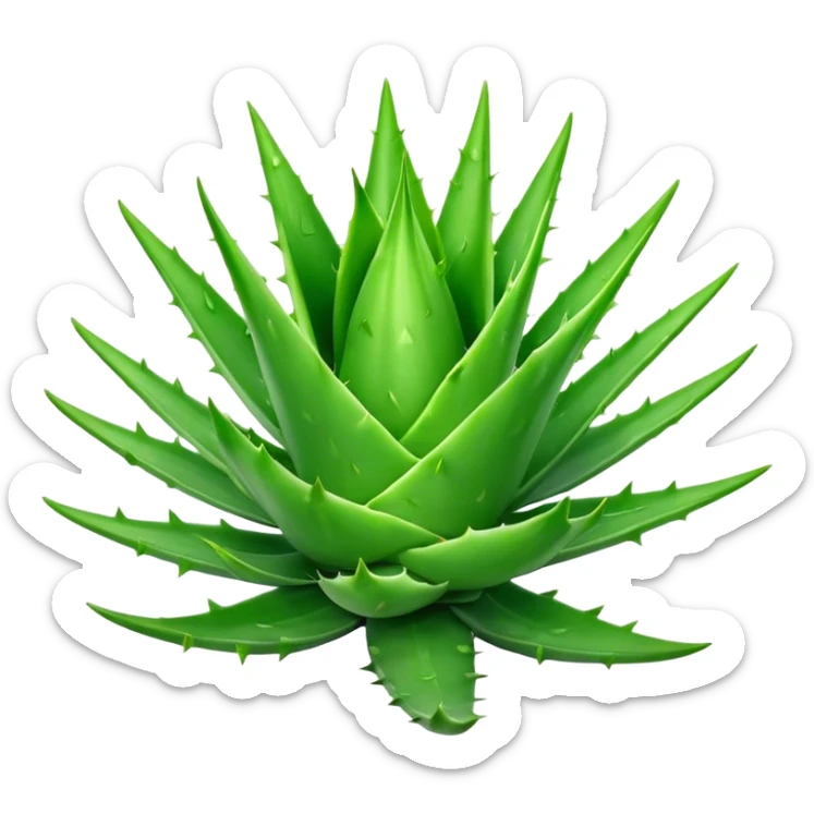 Cinematic Realistic Aloe Vera Emoji, Plump and succulent, with thick, fleshy leaves arranged in a star-like rosette. The vibrant green leaves have a slightly spiky texture, exuding a sense of resilience and healing. Soft glowing outline, capturing the essence of natural wellness and desert vitality in a flourishing aloe vera plant! sticker