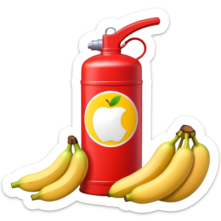 bright red gasoline canister surrounded by a banana, an apple, and grapes, red fuel can with fruits arranged around it sticker