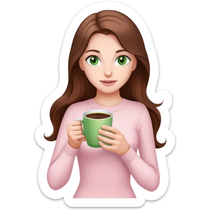 pretty woman with very long brown hair and green eyes and light pink outfit with a coffee sticker