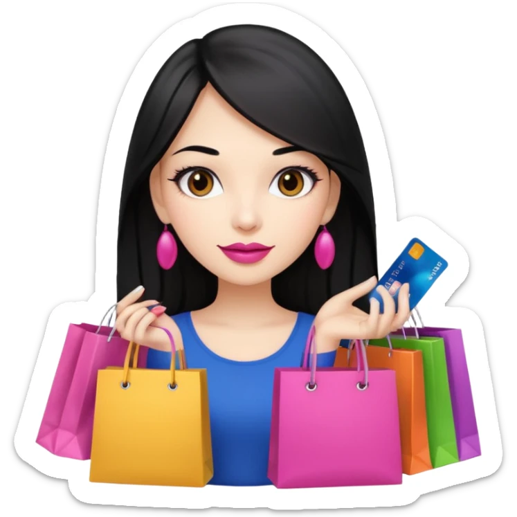 Girl with long black hair and pink lipstick, brown eyes holding shopping bags and credit card sticker
