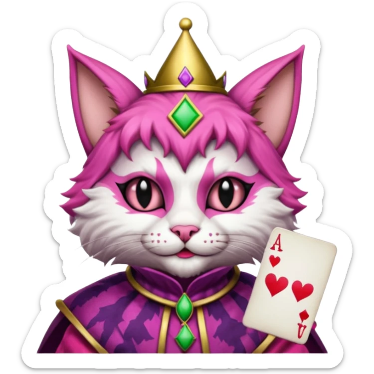 court jester cat medieval, single poker card joker clearly visible, pink, face only sticker