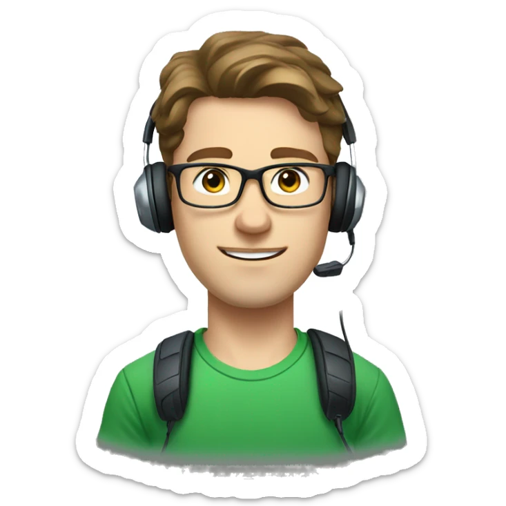 white young man with blue eyes and brown hair and square glasses wearing green t-shirt with headset sticker
