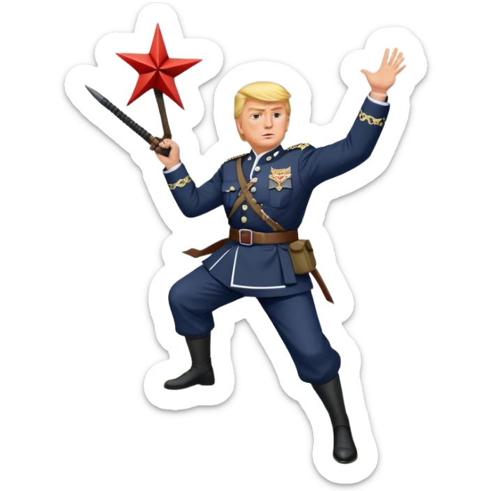Donald J Trump Standing on top of a hill wearing a full 1940s German war uniform while throwing a ninja star that’s shaped exactly like the symbol for the Sanskrit word for “well-being” sticker
