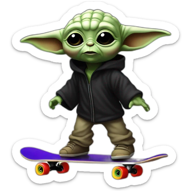 bebe yoda arc-en-ciel qui fait du skate en nageant dans une mer noir sticker