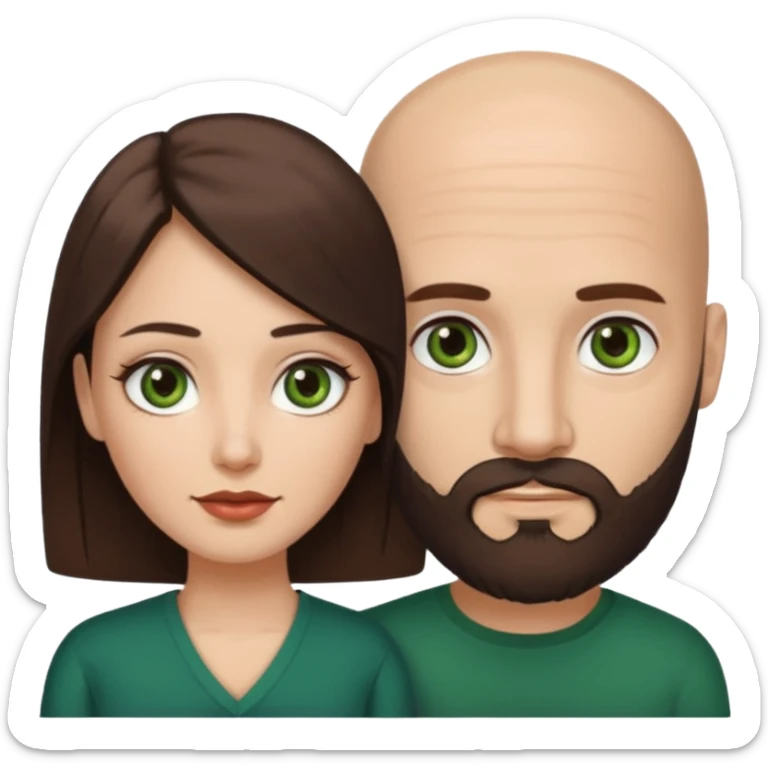 Man beard bald white dark green eyes, woman medium hair brown brown eyed latina, they have different eye color man dark green woman dark brown sticker